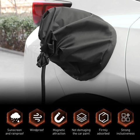 Premium Heavy Duty Magnetic EV Charger Port Cover Waterproof Outdoor Weather Shield Zero Sweat During Storms For Your Daily Driver Every Season Protector Black on an electric vehicle.