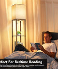 Floor Lamp With Shelves Triple Display 63 Inch Tall Space Saving Standing Corner Light beside bed, man reading