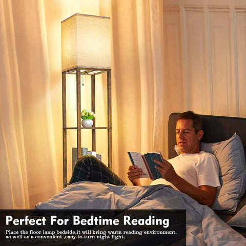 Floor Lamp With Shelves Triple Display 63 Inch Tall Space Saving Standing Corner Light beside bed, man reading