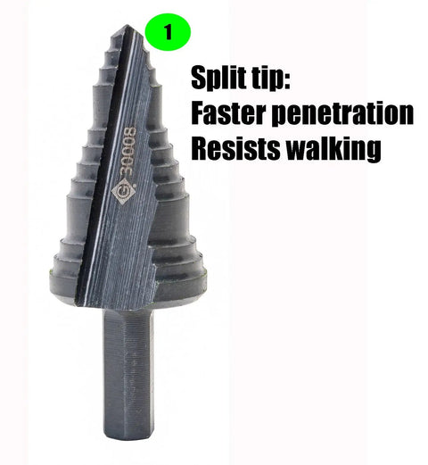 Multi Hole Step Bit 7/8 Inch With Split Tip For Fast Drilling Resists Walking Double Fluted For Easier Cuts Hole Range 1/8 To 1-3/8 Inch Cuts Through Mild Steel Copper Brass Aluminum And Wood, showing detailed split-tip and fluted design.