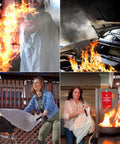Scenes of Go To Emergency Fire Blanket 39 By 39 Inches, 1 Pack used on body, car engine fire, grill, and kitchen fire suppression.
