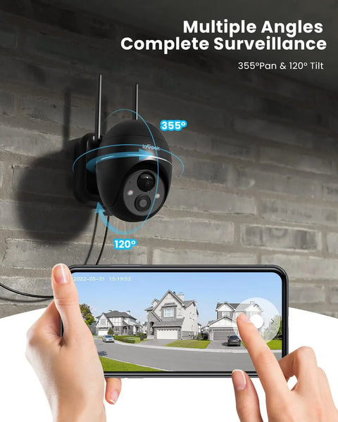 2K Wireless Outdoor Security Camera With 360 Degree Pan Tilt Solar Powered and Battery Backed 2.4G WiFi installed on wall