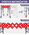 Heavy Duty Adjustable Conveyor Roller System With Wheels Expandable 14 To 52 Inch Length And 27.5 To 50 Inch Height Pro Grade Stainless Steel, shown before and after stretching