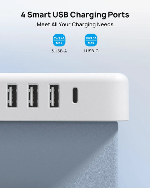 Close-up of Surge Protector Power Strip With USB Ports, featuring 3 USB-A and 1 USB-C port for charging devices.