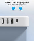 Close-up of charging ports on All In One Surge Protector Power Strip With USB Ports 10ft Flat Plug Extension Cord Eight In One