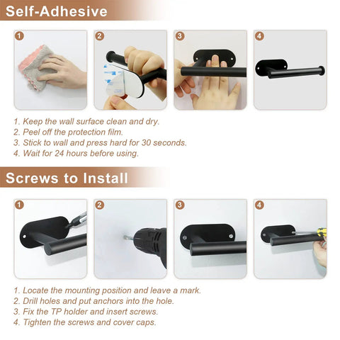 2 Pack Black Wall Mount Toilet Paper Holder installation guide with adhesive and screws, step-by-step illustration