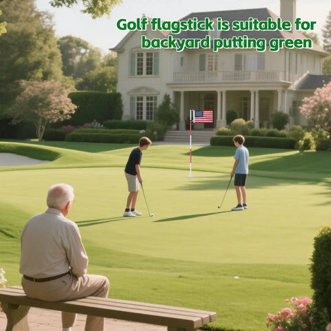 Two people golfing with 6 Foot Double Sided American Flag Golf Flagstick For Putting Green Portable Five Section Pole in the background