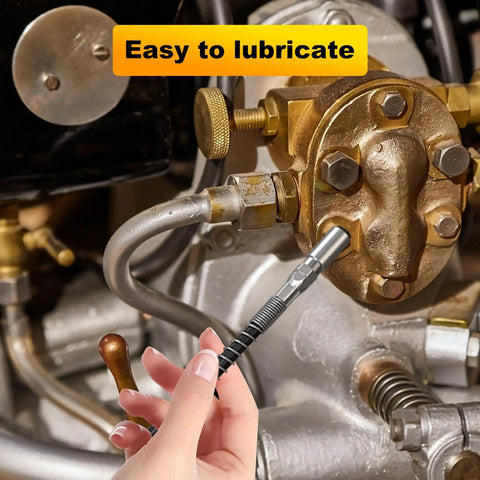 Using 90 Degree Grease Coupler Set With Slotted Right Angle Combo And 12 Inch Spring Flex Hose for lubrication in tight spaces