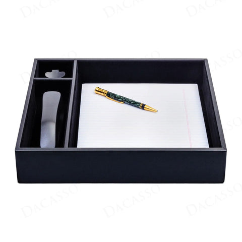Classic Black Leather Conference Room Organizer Tray for Executive Desks and Boardrooms Keeps Supplies Sorted Protects Desk Surface Luxury Office Accessory for Meetings Prep and Boss Level Organization with pen and notepad