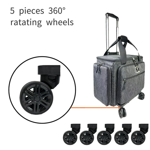 Rolling Sewing Machine Bag With Five 360 Degree Rotating Wheels And Hard Bottom Pad, showing wheels and carrying handle