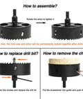 Instructional guide for using a 4 Inch Pro Grade Hole Saw Kit for wood metal plastic and drywall with arbor pilot bit.