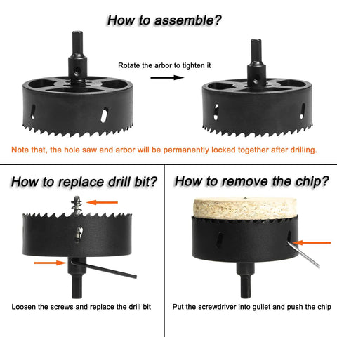Instructional guide for using a 4 Inch Pro Grade Hole Saw Kit for wood metal plastic and drywall with arbor pilot bit.