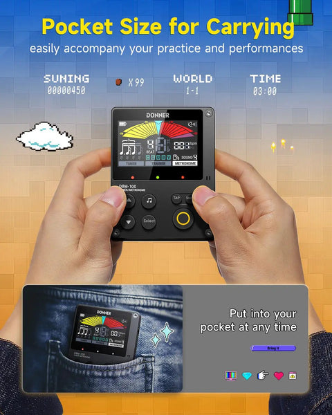 Person holding Metronome Tuner 3 In 1 Digital Metronome With Trainer Rhythm Mode for practice on stage or at home