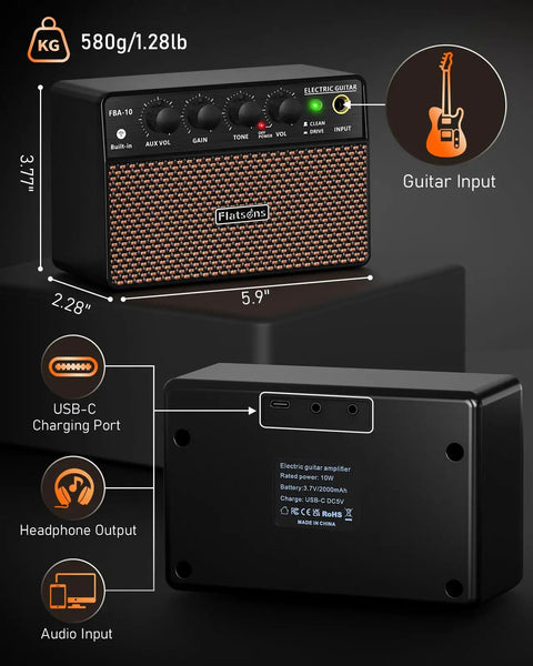 Compact 10W Guitar Amp With Clean And Drive Channel USB C Rechargeable Wireless Portable Practice Amp For Home And Travel Three Point Five Millimeter Headphone And Aux Jack Rich Analog Tone For Indoor Jams