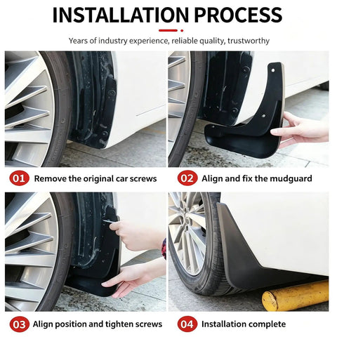 Installation process of Heavy Duty Mud Flaps For Tesla Cybertruck showing steps to mount splash guards on vehicle.