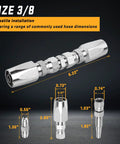 Three-piece chrome hydraulic hose repair kit with reusable fittings for 1/4, 3/8, and 1/2 inch ID hoses.