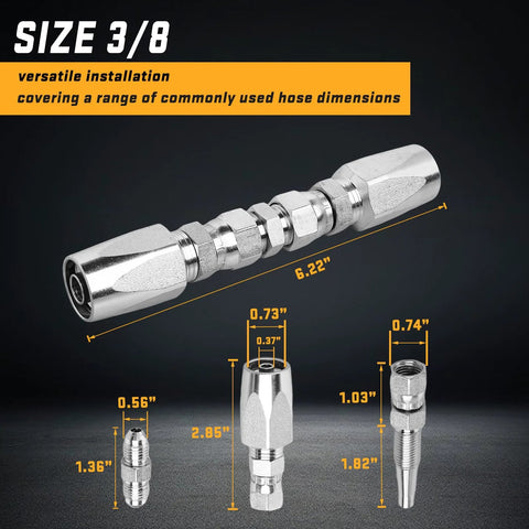 Three-piece chrome hydraulic hose repair kit with reusable fittings for 1/4, 3/8, and 1/2 inch ID hoses.