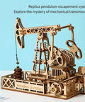 3D Wooden Oil Derrick Model Kit For Adults, Dope Mechanical Engineering DIY Project, assembled on a table against a blue background.