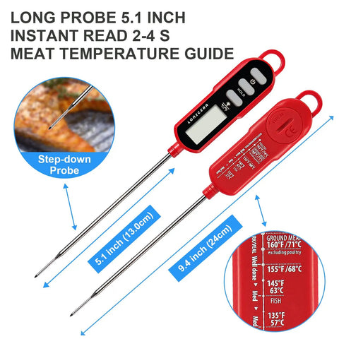 Waterproof Digital Cooking Thermometer With Five Point One Inch Long Probe For Bread Baking And Meat Temp Water Temp Measurement Backlit Red Display IPX6 Waterproof Highly Accurate Within One Degree Celsius
