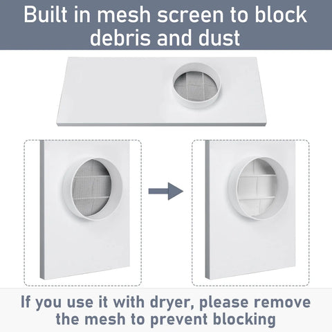 Universal 4 Inch Window Dryer Vent Kit with mesh screen detail showing debris blockage prevention