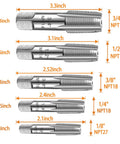Five Piece NPT Pipe Tap Set For Clean Accurate Threads Carbon Steel Taps In One Eighth Inch To Three Quarter Inch With Durable Plastic Case