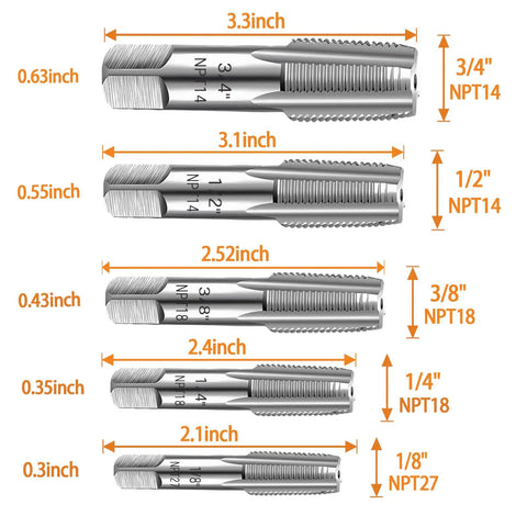Five Piece NPT Pipe Tap Set For Clean Accurate Threads Carbon Steel Taps In One Eighth Inch To Three Quarter Inch With Durable Plastic Case