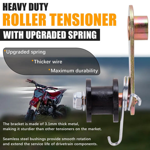 Beefed Up 420 Chain With 102 Links And Heavy Duty Chain Roller Tensioner Kit features upgraded spring for 50cc to 140cc bikes
