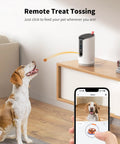 Indoor Pet Camera with Treat Dispenser and Remote Toss in action with 360 Degree View 5G and 2.4G WiFi shown on phone app.