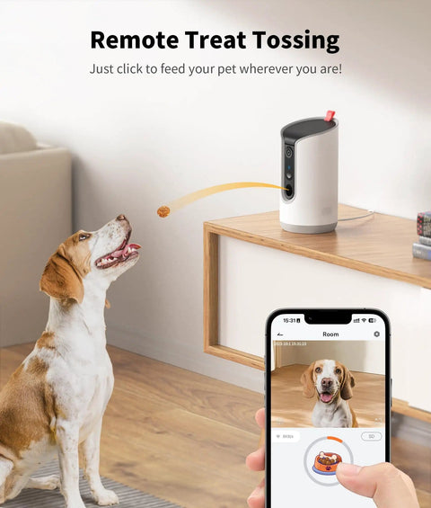 Indoor Pet Camera with Treat Dispenser and Remote Toss in action with 360 Degree View 5G and 2.4G WiFi shown on phone app.
