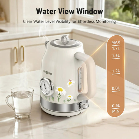 Retro Stainless Steel Electric Kettle Cordless One Point Seven Liter Capacity With Thermometer on kitchen counter