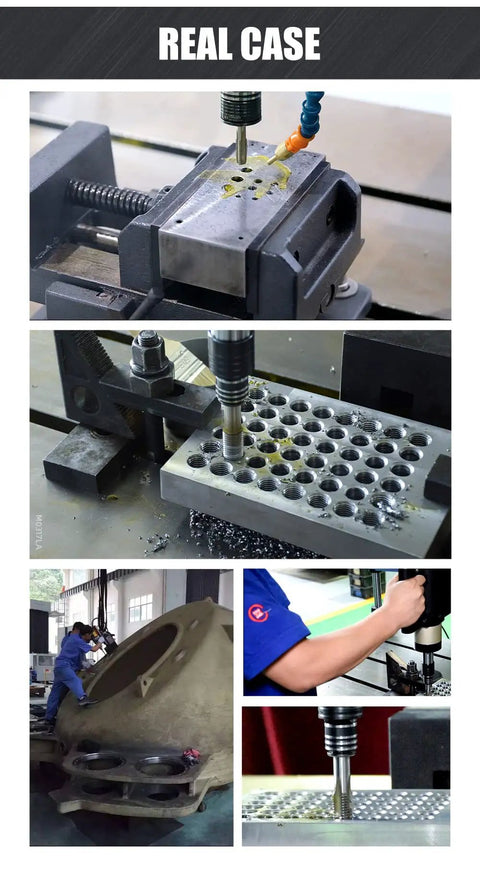 Versatile Electric Tapping Machine With Auto Oil Spraying System And Flexible 360 Degree Head in use, showing precision tapping on metal workpieces.