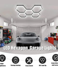 Garage with hexagon LED garage light 192W 19200LM 5 grid honeycomb ceiling fixture 6500K daylight installed above car.