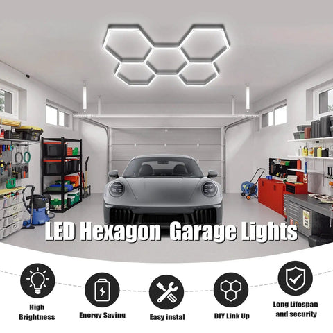 Garage with hexagon LED garage light 192W 19200LM 5 grid honeycomb ceiling fixture 6500K daylight installed above car.