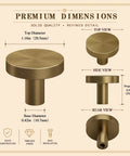 Four Pack Cabinet Drawer Knobs With Round Pulls For Closet Featuring Slick Brushed Antique Brass Finish Premium Aluminum Alloy Hardware No Fuss Install Rock Solid Grip dimensions showing top, side, and rear views.