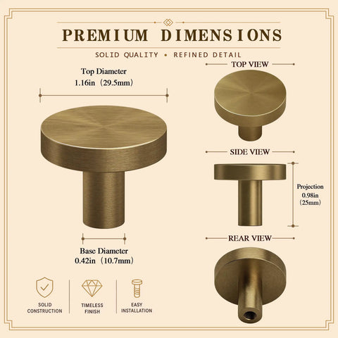 Four Pack Cabinet Drawer Knobs With Round Pulls For Closet Featuring Slick Brushed Antique Brass Finish Premium Aluminum Alloy Hardware No Fuss Install Rock Solid Grip dimensions showing top, side, and rear views.