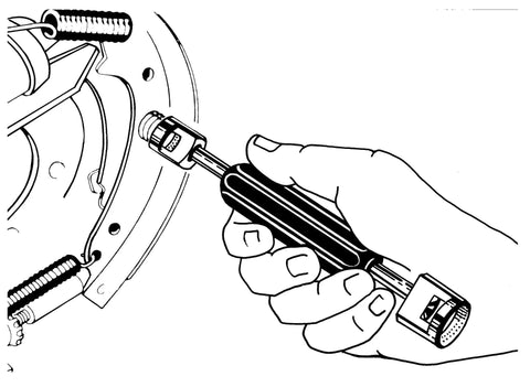 Illustration of hand using Universal Brake Shoe Retaining Spring Tool 2774D for drum brakes maintenance, focusing on tool design and function.