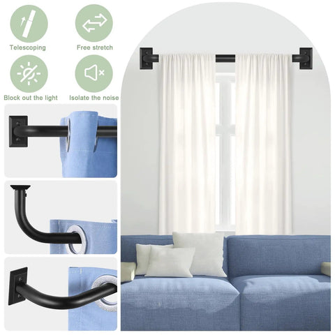 Wrap Around Blackout Curtain Rods 28 To 48 Inch Adjustable Window Rod showing installation over couch with white curtains.