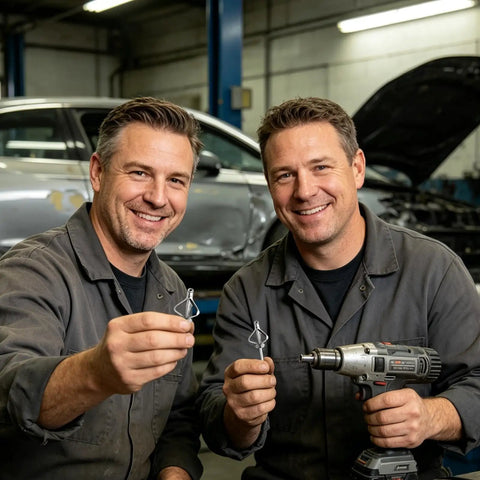 Two mechanics showcasing Aluminum Pop Rivets Kit with Assorted Universal Steel Mandrels for blind rivets in an auto shop.