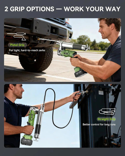 Beefed Up Cordless Electric Grease Gun With 2x4.0Ah Batteries, 12000 PSI High Flow At 5.3 Ounces Per Minute, 39.4 Inch Hose And 90 Degree Coupler