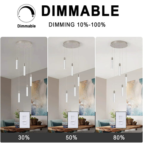 Five-Light Crystal Bubble Pendant Lights For Kitchen Island In Brushed Nickel, Integrated 40W LED, dimming levels displayed