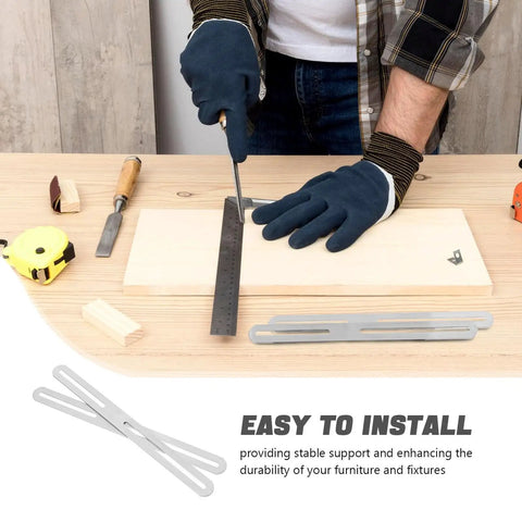 Person assembling with Stainless Steel Slotted Hole Repair Plates With Screws Dualhead Adjustable Table Brackets on wood table
