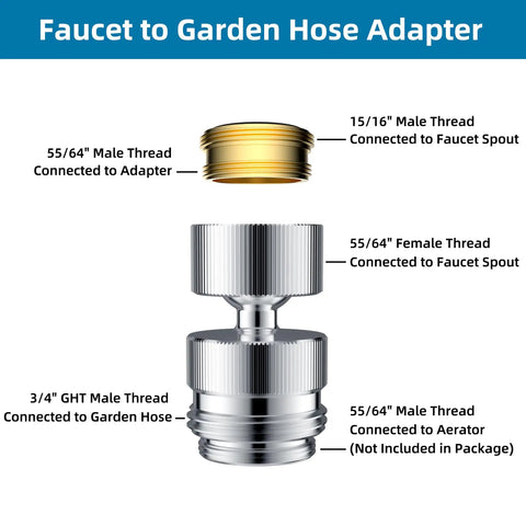 Sink Faucet To Garden Hose Adapter With 360 Degree Swivel Chrome Finish, 55 64 Inch Female Thread To Three Quarter Inch Male Hose Thread, Faucet Aerator Attachment For Hose Hookups, Easy Install, Durable Brass Build, Extra Male Adapter Included, chrome brass adapter parts
