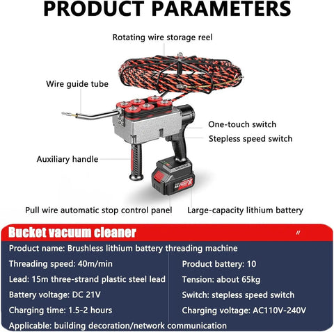 Jiminhuixin Automatic Electric Wire Feeder Cordless Wire Pulling Tool For Electric Wall Wiring Machine High Speed Throug Hole Cable Stringer  with storage reel and battery.