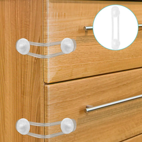 4 Pack Kid Proof Cabinet Locks For Drawers And Furniture, flexible adhesive strips, white safety locks on wooden drawer
