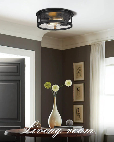 Super Cool Black Flush Mount Ceiling Light With Metal Cage Design And Seeded Glass Shade For That Awesome Industrial Farmhouse Vibe In Your Kitchen Hallway Or Bedroom Twelve Inch Size Needs Two E26 Bulbs in living room