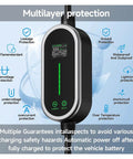 Display of Super Slick Portable Type 2 EV Charger 7.2kW 32A Level 2 Wallbox with safety features and protection icons.