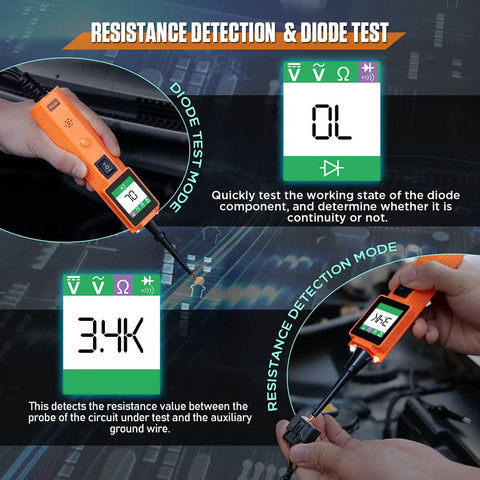 Power Circuit Probe Tester Kit For Automotive Electrical Systems With 0 To 65 Volts Test Light showing resistance and diode test mode
