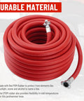 Heavy Duty 3/4 Inch X 100 Foot Red Rubber Pneumatic Air Hose For Jack Hammers With 300 PSI Pressure Featuring Secure Chicago Style Universal Thread Connection Zero Leak Proof For Demolition Jobs Where You Gotta Keep The Job Going All Day Hit Hard coiled with metal fittings