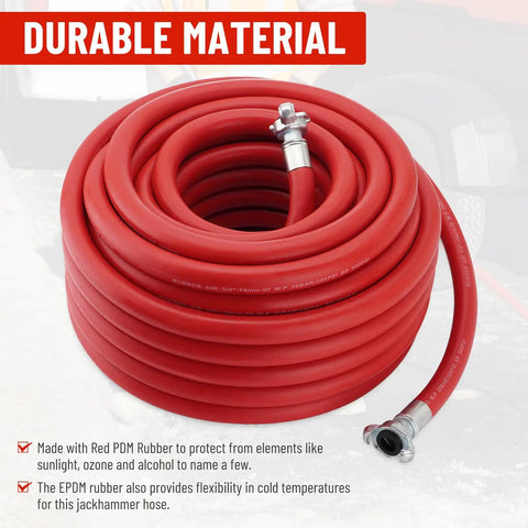 Heavy Duty 3/4 Inch X 100 Foot Red Rubber Pneumatic Air Hose For Jack Hammers With 300 PSI Pressure Featuring Secure Chicago Style Universal Thread Connection Zero Leak Proof For Demolition Jobs Where You Gotta Keep The Job Going All Day Hit Hard coiled with metal fittings