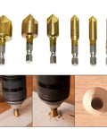 All In One Woodworking Drill Bit Set With Countersinks And Plug Cutters Hex Shank HSS 5 Flute 90 Degree Bits in use on wood